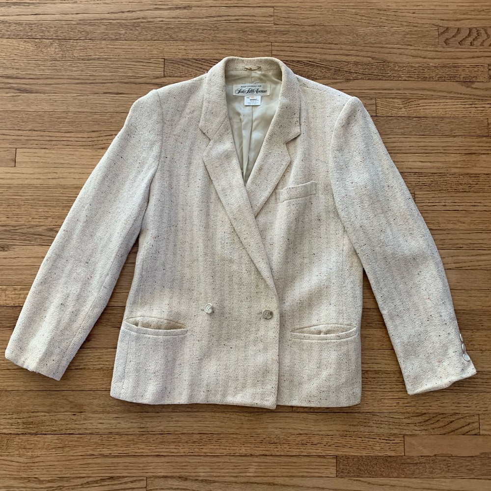 VINTAGE 80s Saks Fifth Avenue Sanyo Blazer Cream Linen Tweed FLAWED
